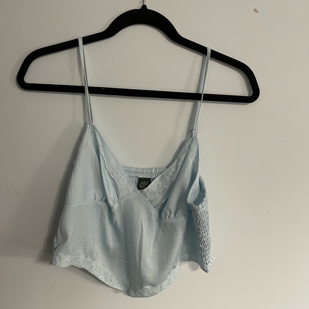 Silky powder blue lace trim crop top